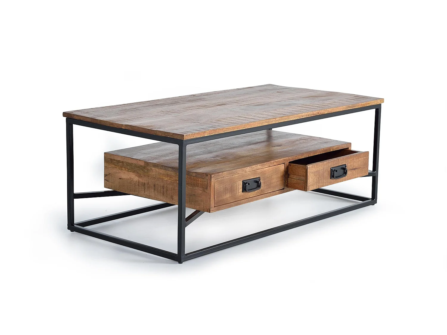 Tables basses en bois de manguier 120 cm, style industriel - 45 x 120 x 60 cm