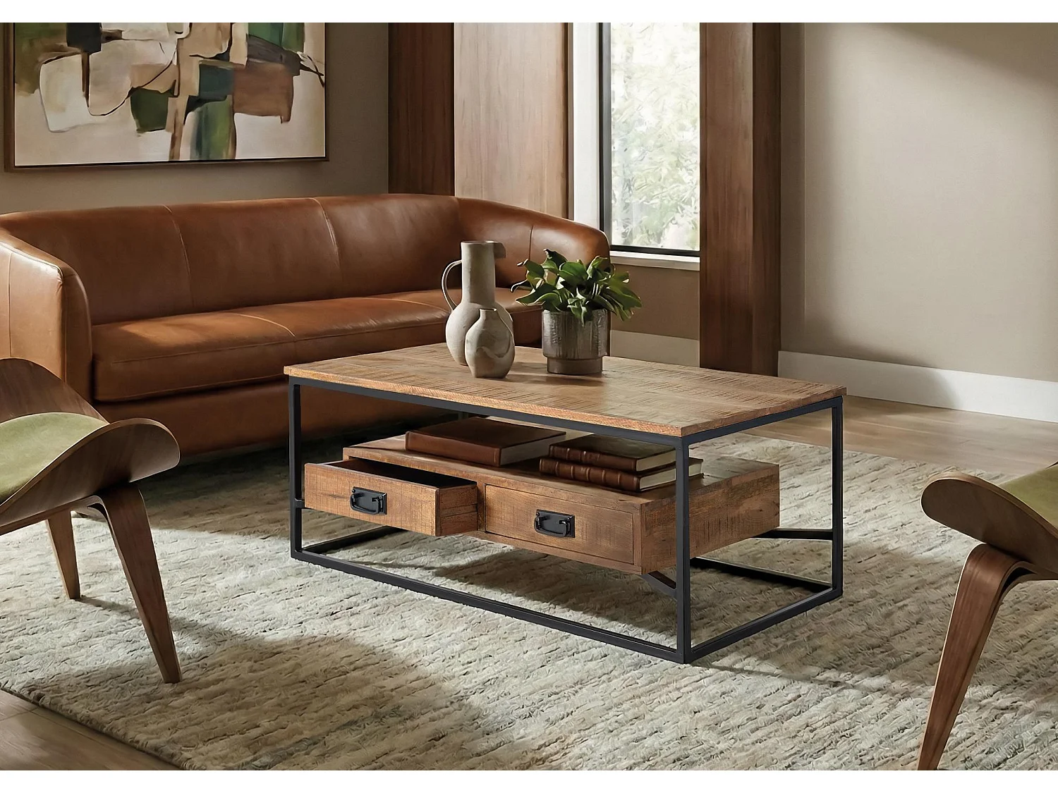 Tables basses en bois de manguier 120 cm, style industriel - 45 x 120 x 60 cm