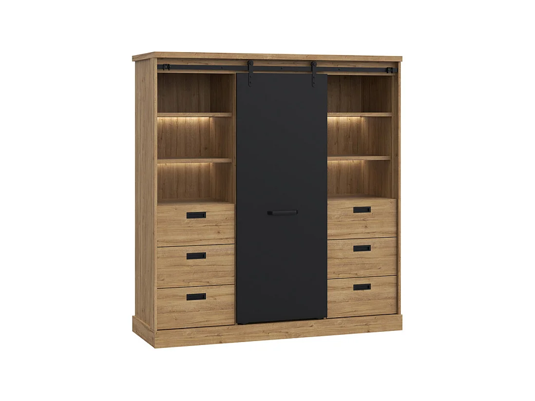 Vaisselier 1 porte 6 tiroirs décor chêne et noir éclairage LED - FARM