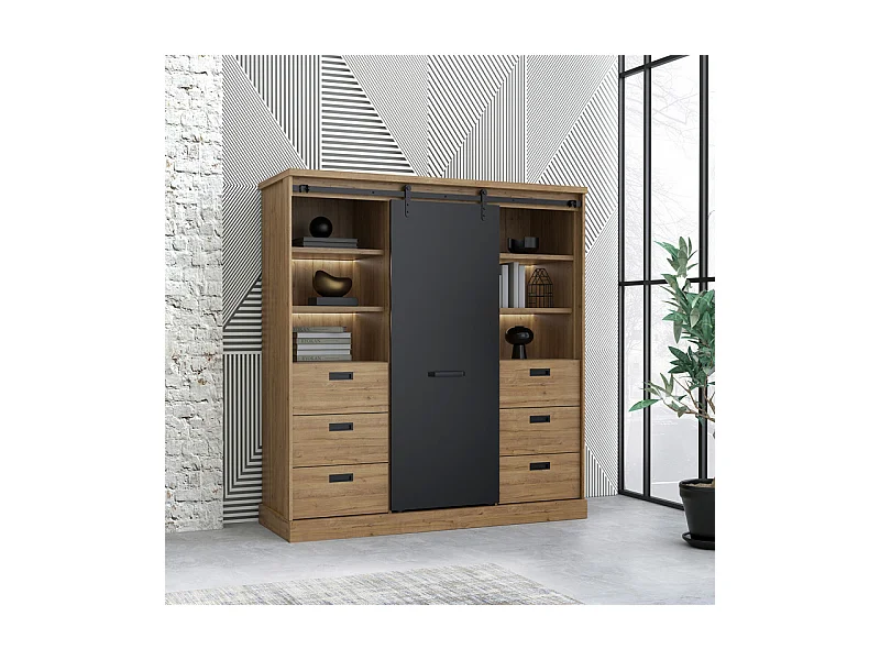 Vaisselier 1 porte 6 tiroirs décor chêne et noir éclairage LED - FARM