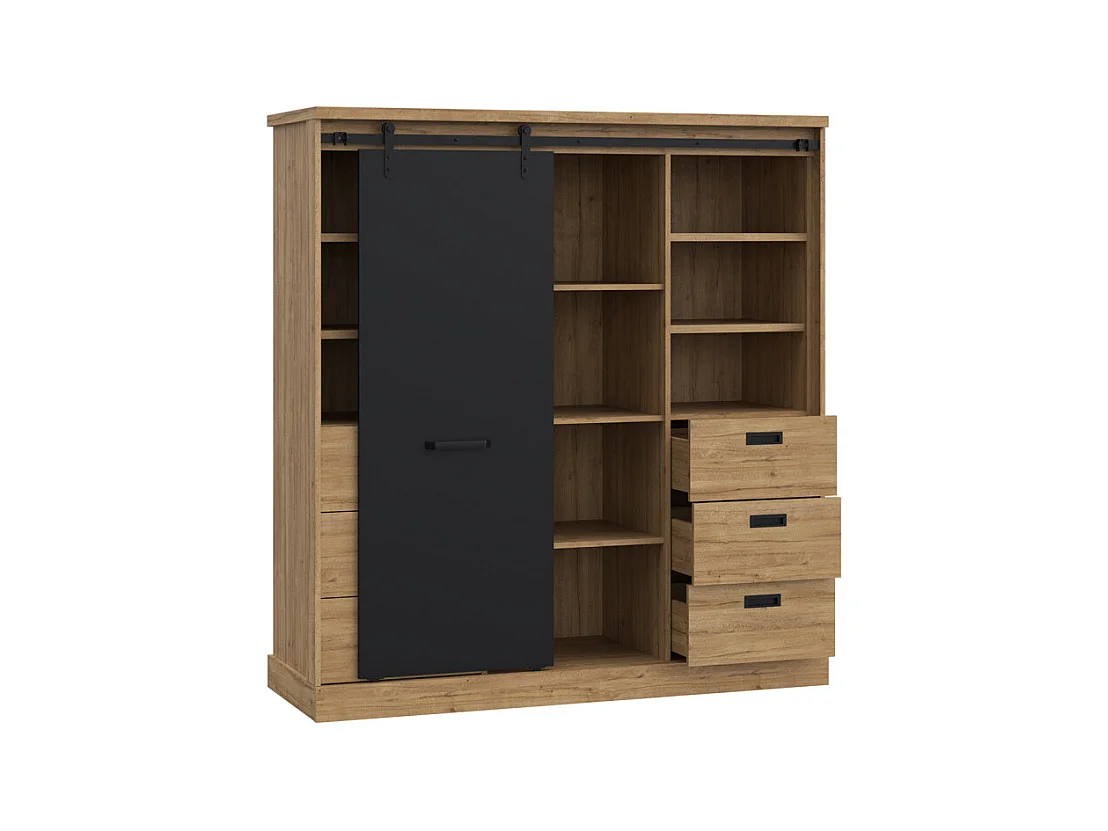 Vaisselier 1 porte 6 tiroirs décor chêne et noir éclairage LED - FARM