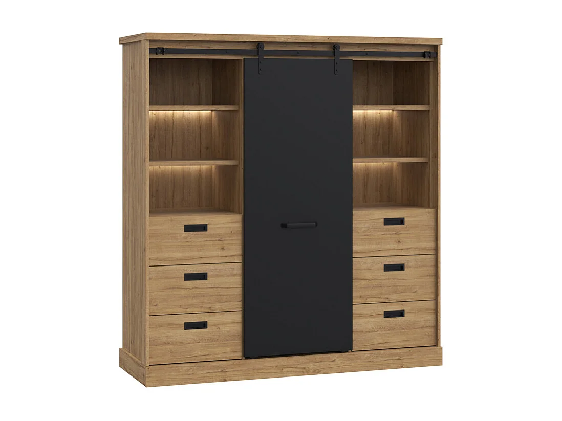 Vaisselier 1 porte 6 tiroirs décor chêne et noir éclairage LED - FARM