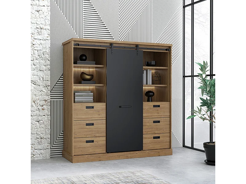 Vaisselier 1 porte 6 tiroirs décor chêne et noir éclairage LED - FARM