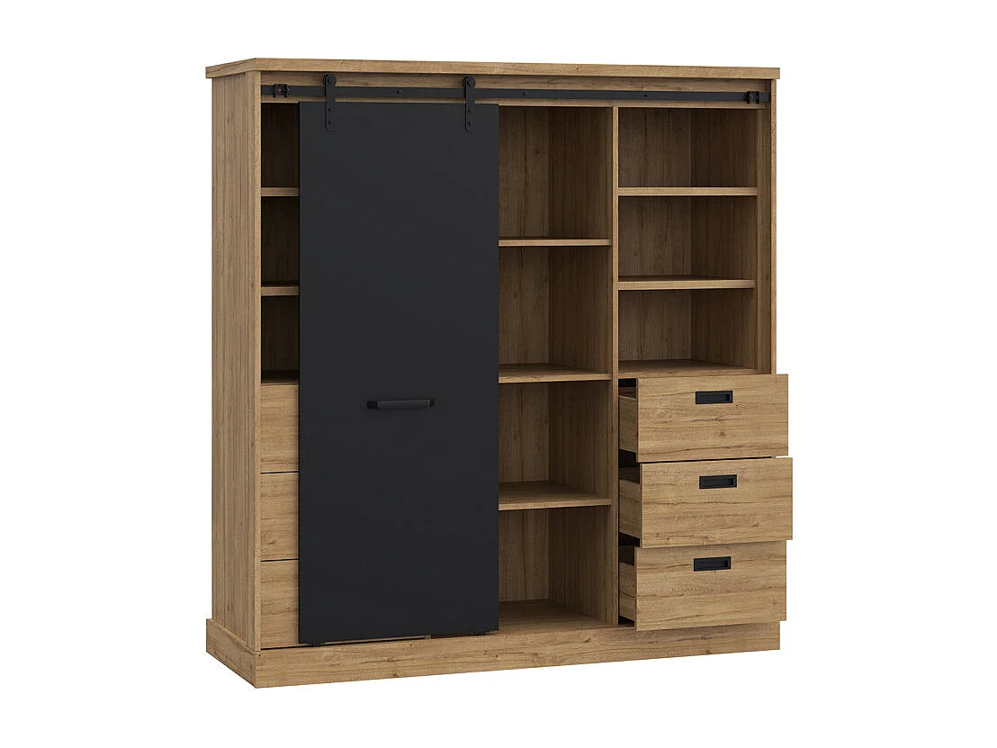 Vaisselier 1 porte 6 tiroirs décor chêne et noir éclairage LED - FARM