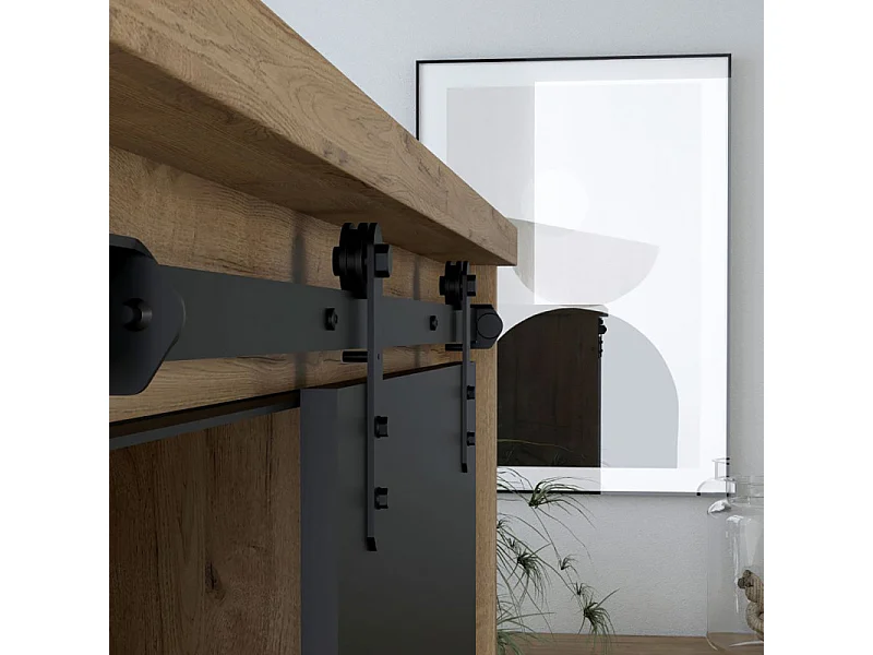 Vaisselier 1 porte 6 tiroirs décor chêne et noir éclairage LED - FARM