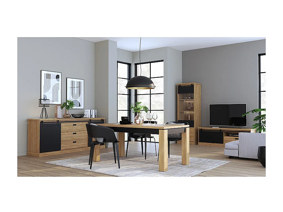 Table de repas extensible 180 à 226 cm décor chêne et noir mat - FARM