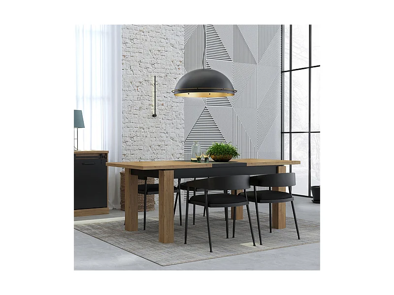 Table de repas extensible 160 à 206 cm décor chêne et noir mat - FARM