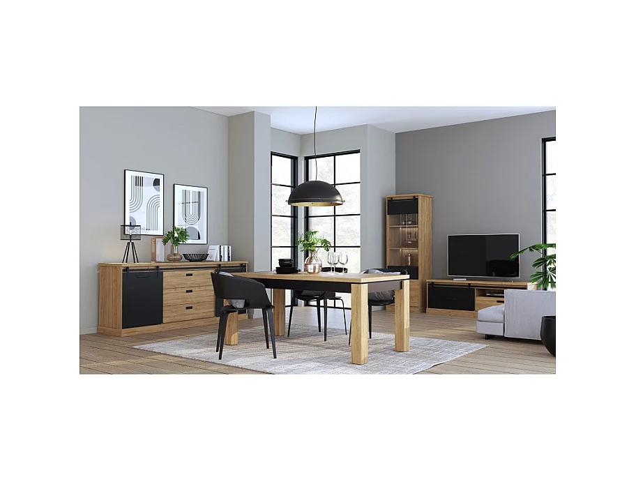 Table de repas extensible 160 à 206 cm décor chêne et noir mat - FARM