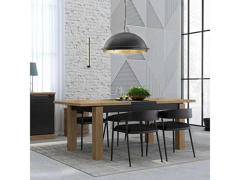Table de repas extensible 160 à 206 cm décor chêne et noir mat - FARM