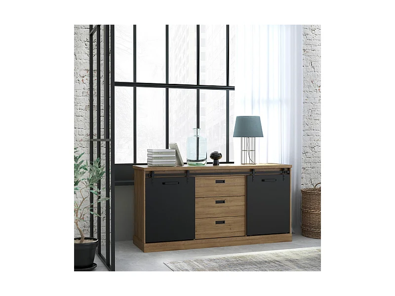 Buffet 174 cm 2 portes coulissantes 3 tiroirs décor chêne noir - FARM