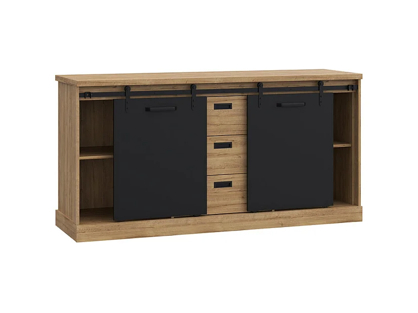 Buffet 174 cm 2 portes coulissantes 3 tiroirs décor chêne noir - FARM