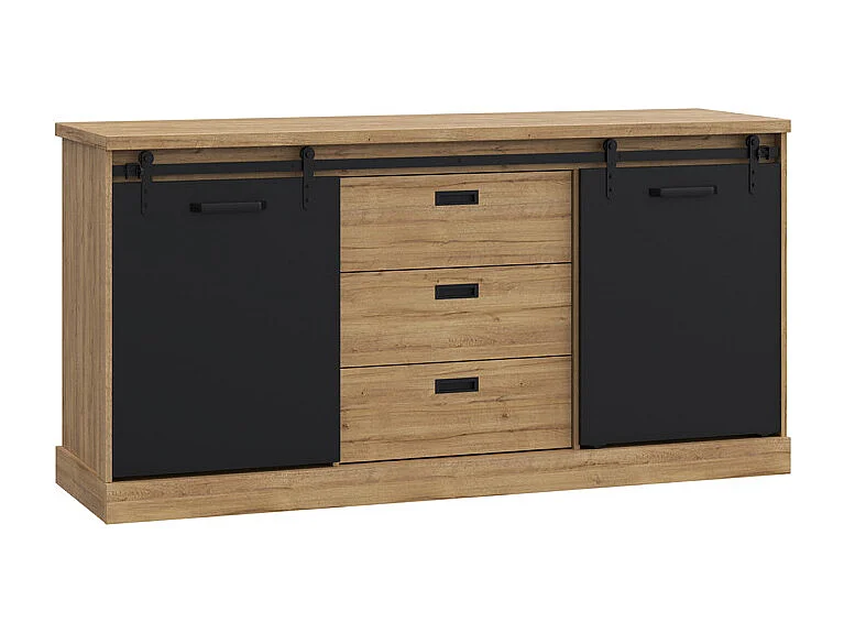 Buffet 174 cm 2 portes coulissantes 3 tiroirs décor chêne noir - FARM