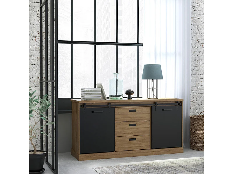 Buffet 174 cm 2 portes coulissantes 3 tiroirs décor chêne noir - FARM