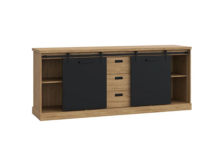 Buffet 214 cm 2 portes coulissantes 3 tiroirs décor chêne noir - FARM