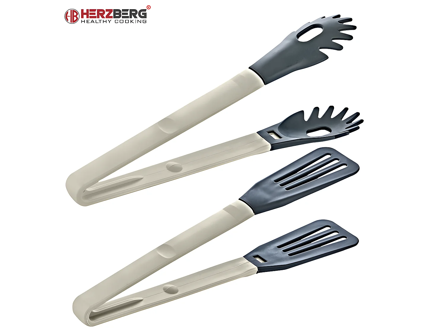 Pince à vaisselle 2 en 1 en nylon gris Herzberg Cooking – Multifonction, résistante haute température, antiadhésive