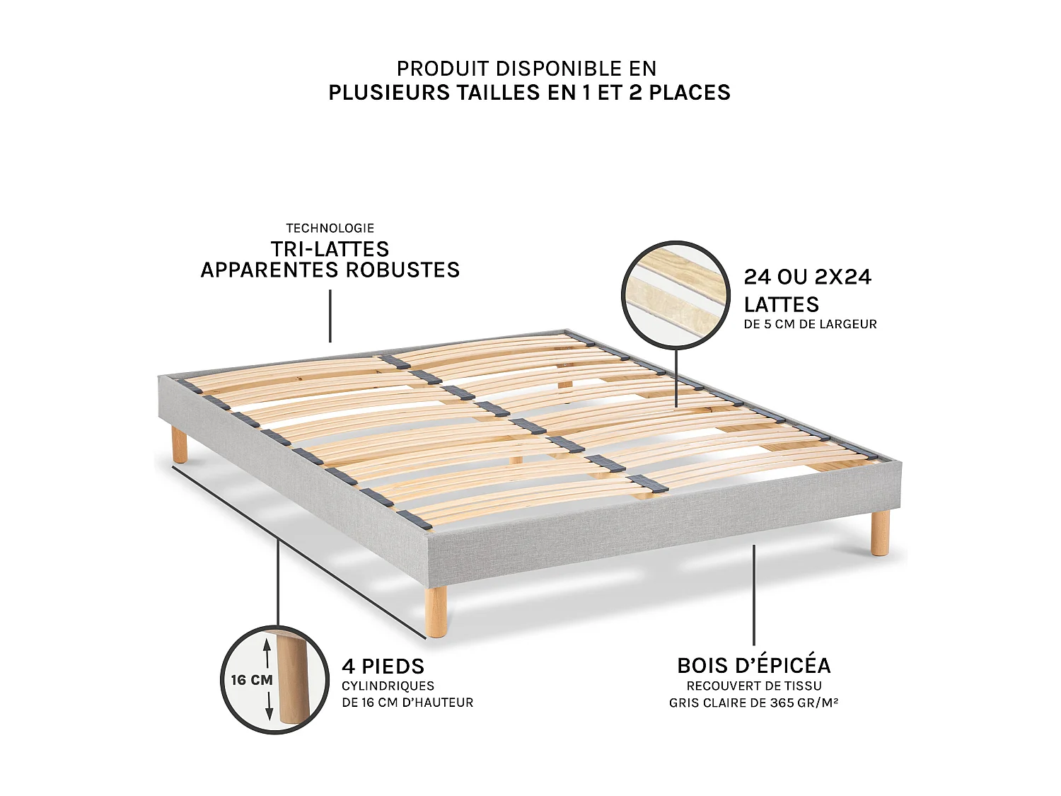 BELLECOUR LITERIE | Sommier à lattes en bois CAPITOLE 160x200 cm | Coloris Gris clair | Livré en kit