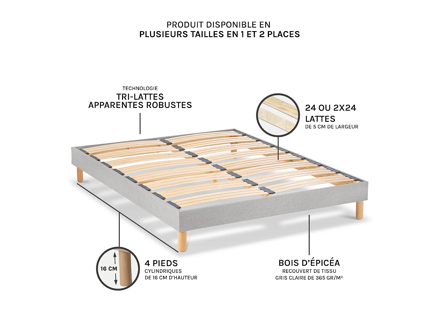 Sommier à lattes bois Capitole 90x190 cm - Tri-lattes ergonomiques - Gris clair