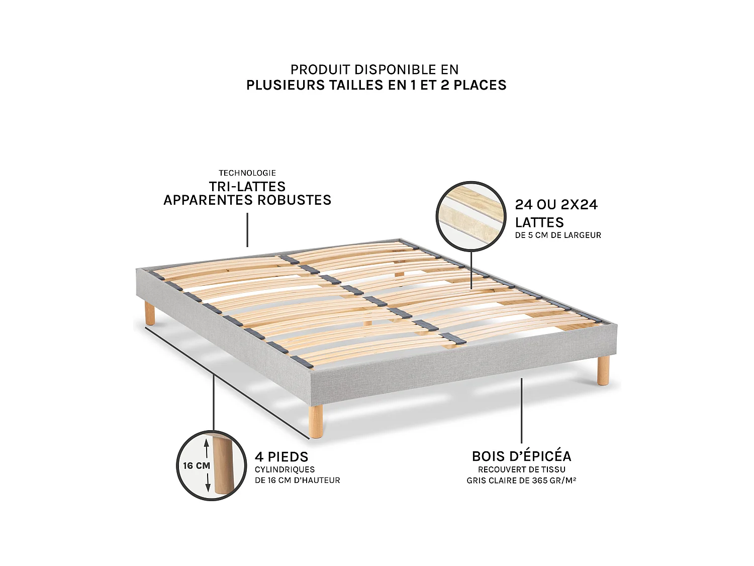 BELLECOUR LITERIE | Sommier à lattes en bois CAPITOLE 140x190 cm | Coloris Gris clair | Livré en kit