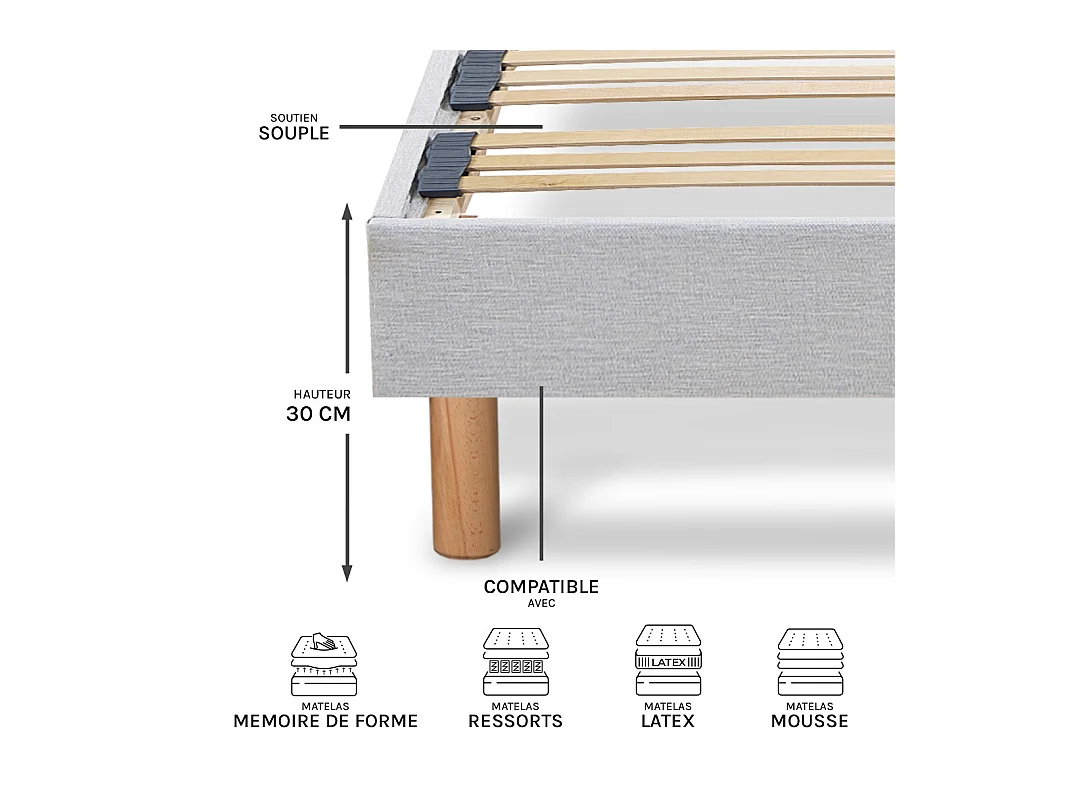 BELLECOUR LITERIE | Sommier à lattes en bois CAPITOLE 140x190 cm | Coloris Gris clair | Livré en kit
