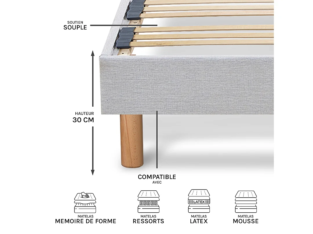 BELLECOUR LITERIE | Sommier à lattes en bois CAPITOLE 140x190 cm | Coloris Gris clair | Livré en kit