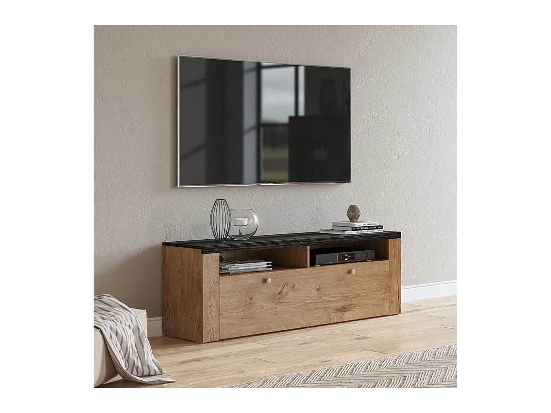 Móvel para TV 140cm coleção SANTIAGO. Cor carvalho e preto com efeito de madeira. 1 Porta.