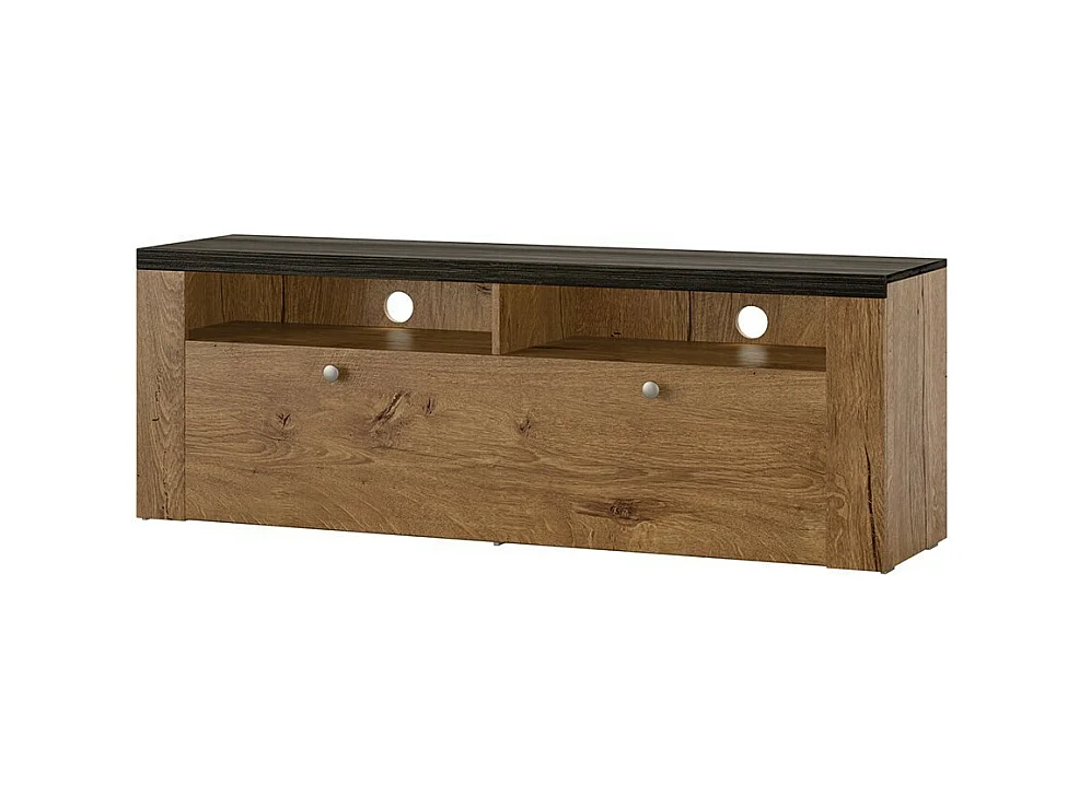 Meuble TV 140cm collection SANTIAGO. Couleur chêne et noir effet bois. 1 Porte