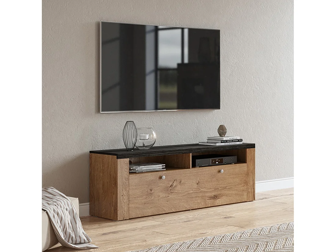 Meuble TV 140cm collection SANTIAGO. Couleur chêne et noir effet bois. 1 Porte