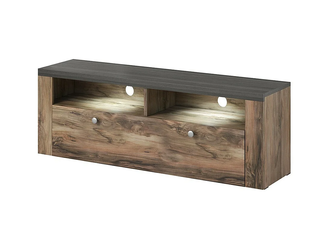 Meuble TV 140cm collection SANTIAGO. Couleur noyer et noir effet bois. 1 Porte