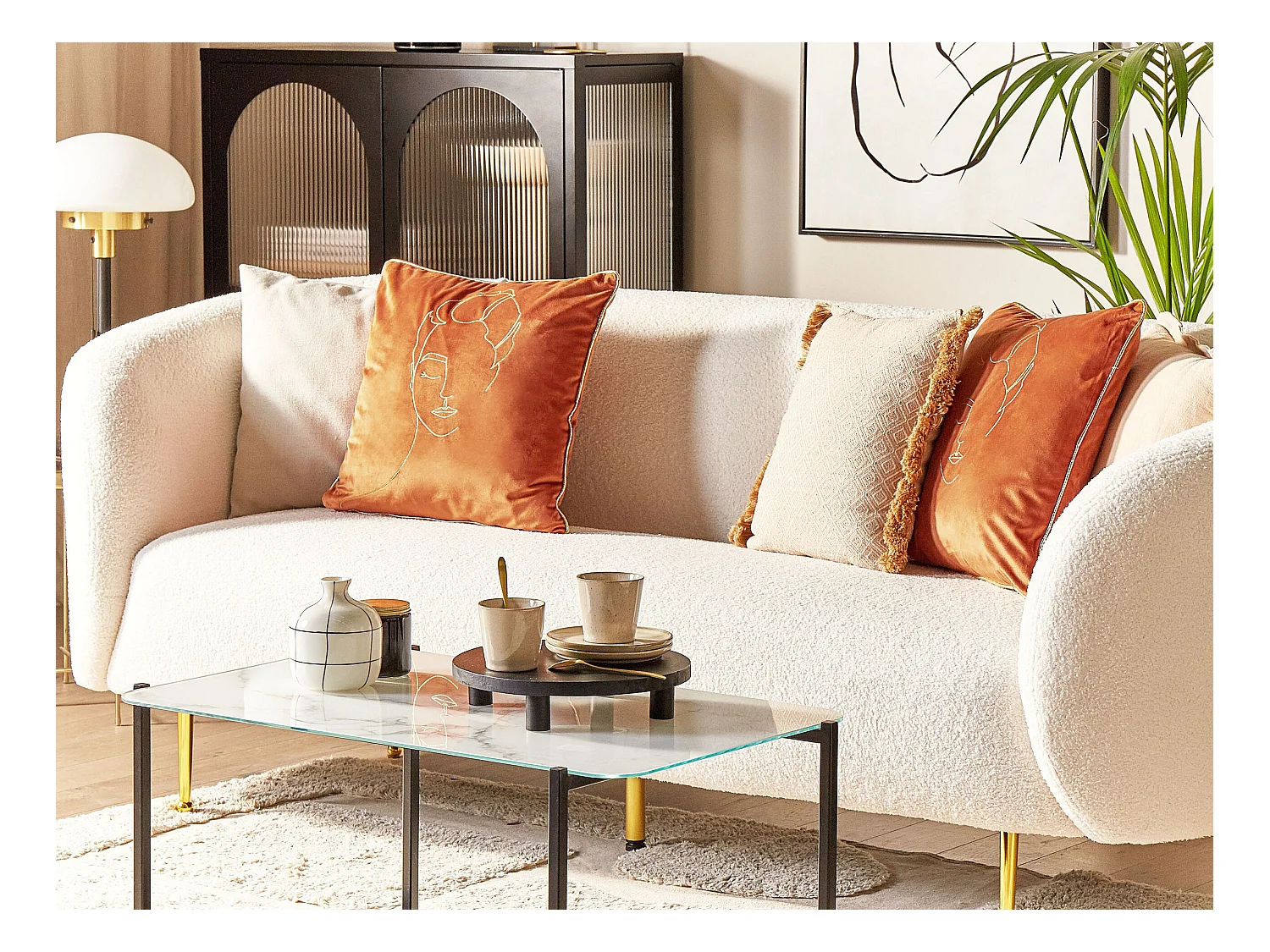 Dekokissen mit Füllung 2er Set Samt orange/gold Gesichtsmotiv 45 x 45 cm Crocus