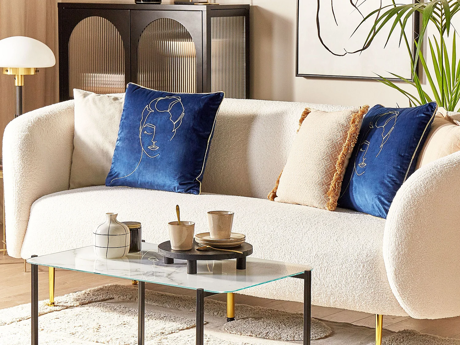 Lot de 2 coussins décoratifs CROCUS Velours 45 x 45 cm Bleu foncé Motif abstrait