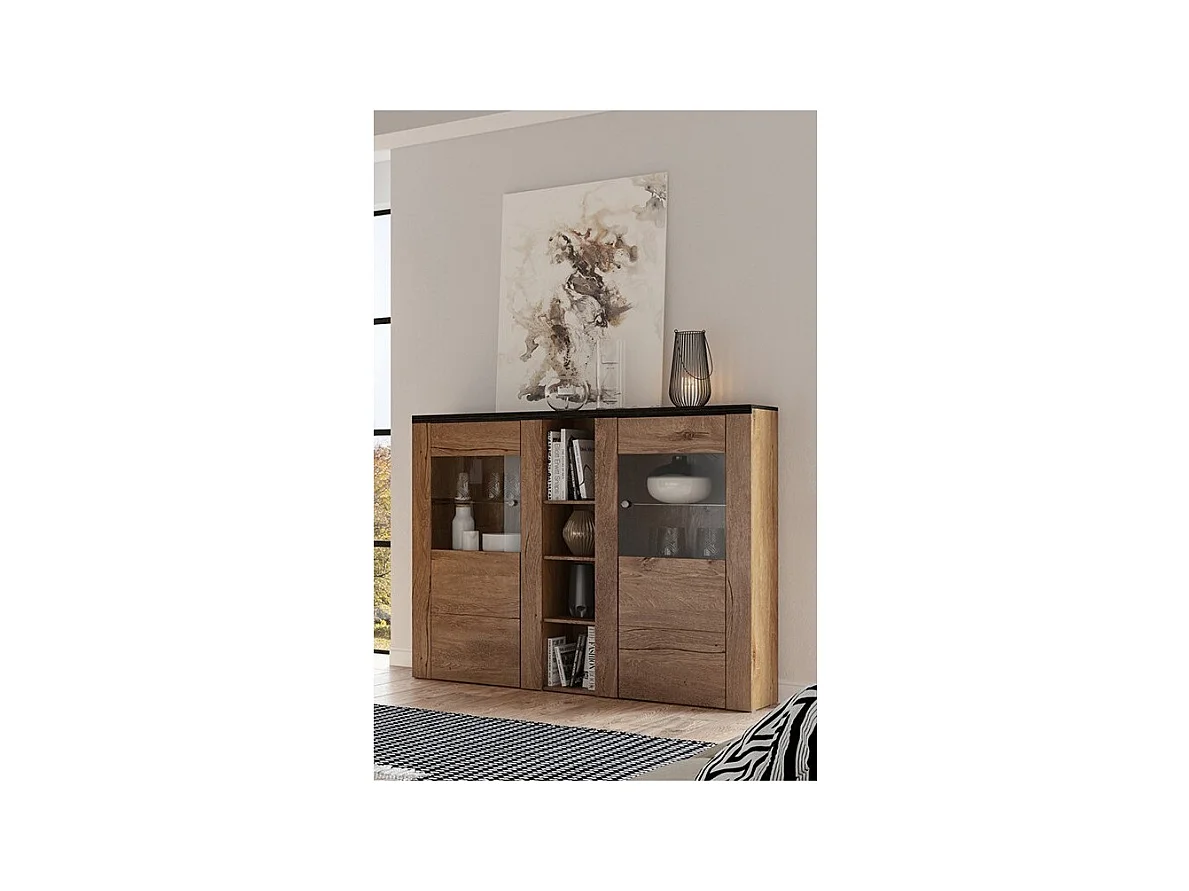 Aparador design com 2 portas para sala de estar na cor carvalho e preto com efeito de madeira. Coleção SANTIAGO.