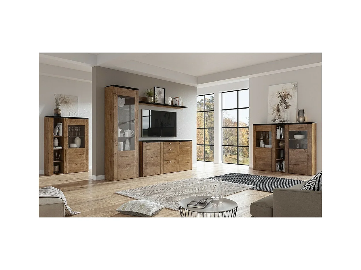 Aparador design com 2 portas para sala de estar na cor carvalho e preto com efeito de madeira. Coleção SANTIAGO.