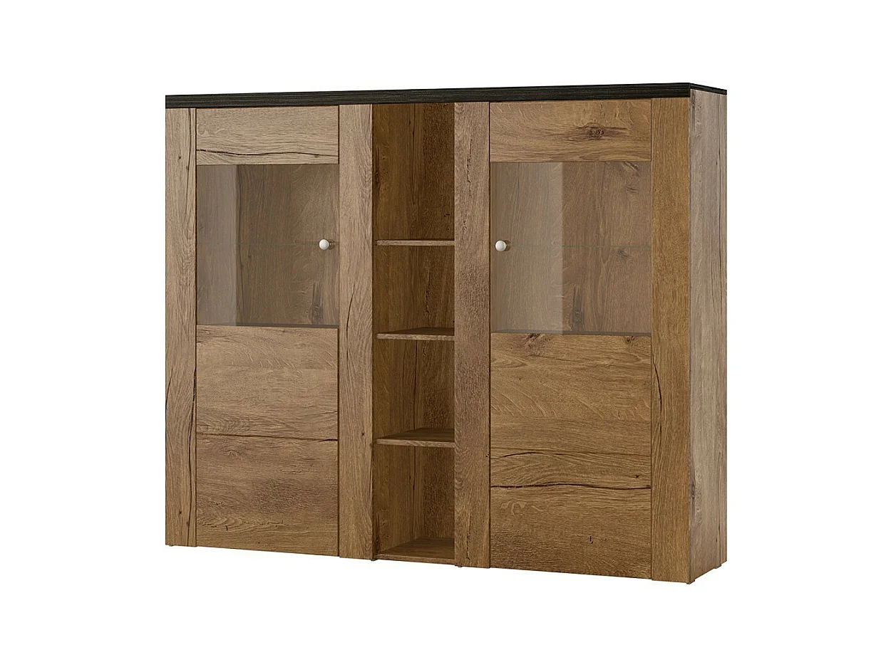 Vaisselier design 2 portes pour salon couleur chêne et noir effet bois. collection SANTIAGO.