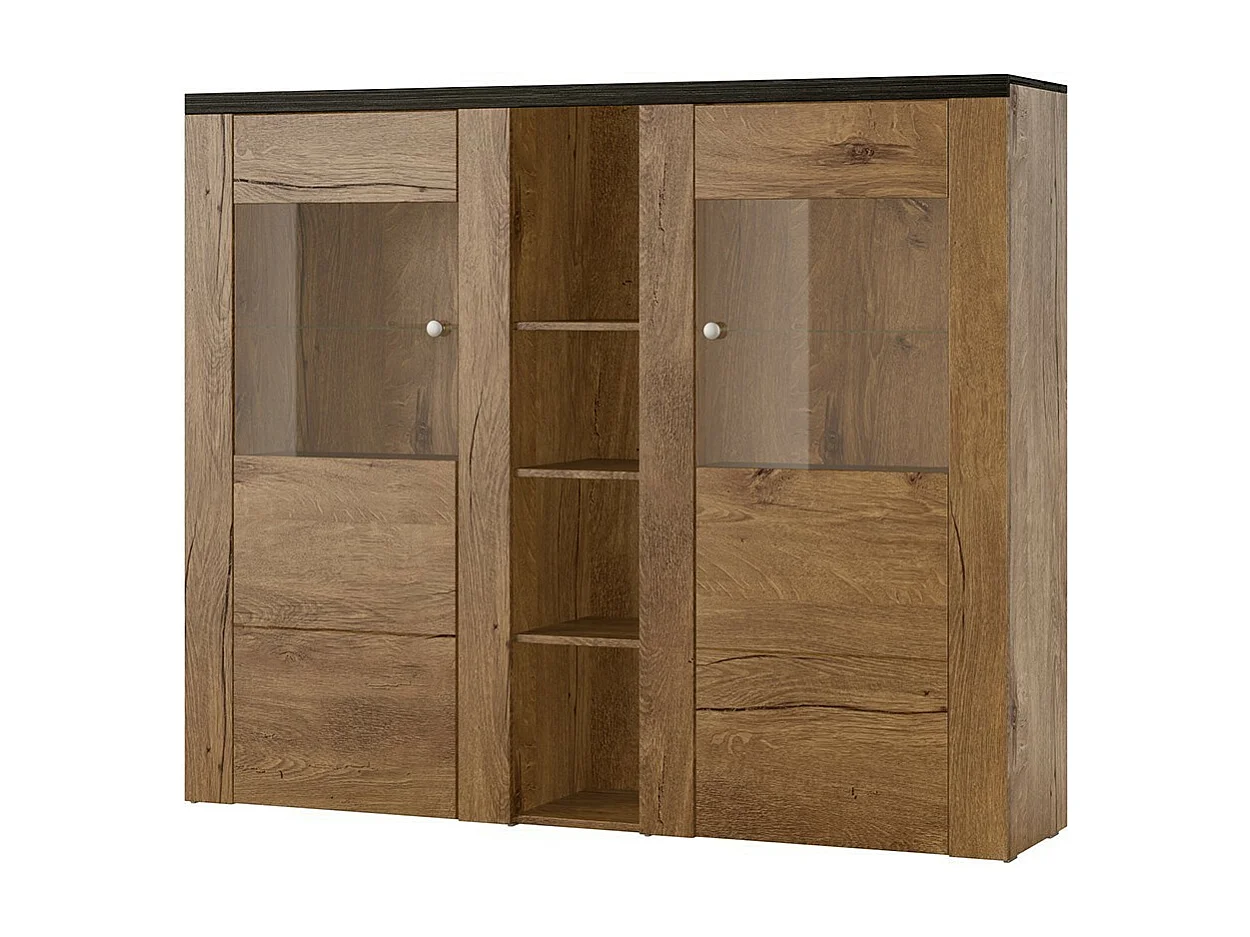 Design buffetkast met 2 deuren voor woonkamer in eiken en zwart houteffect. Collectie SANTIAGO.