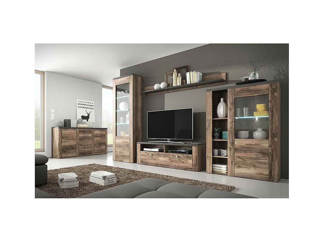 Buffet design 175cm para sala de estar na cor nogueira e preto com efeito de madeira coleção SANTIAGO.