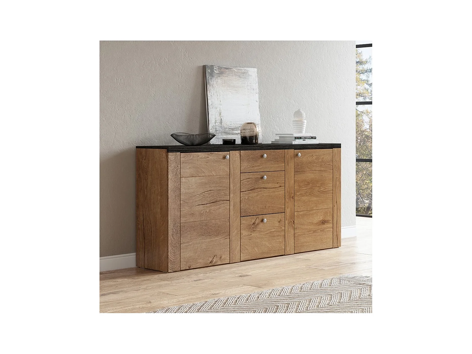 Buffet design 175cm pour salon couleur chêne et noir effet bois collection SANTIAGO.
