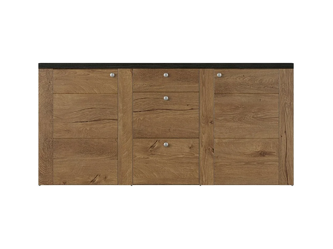 Buffet design 175cm pour salon couleur chêne et noir effet bois collection SANTIAGO.