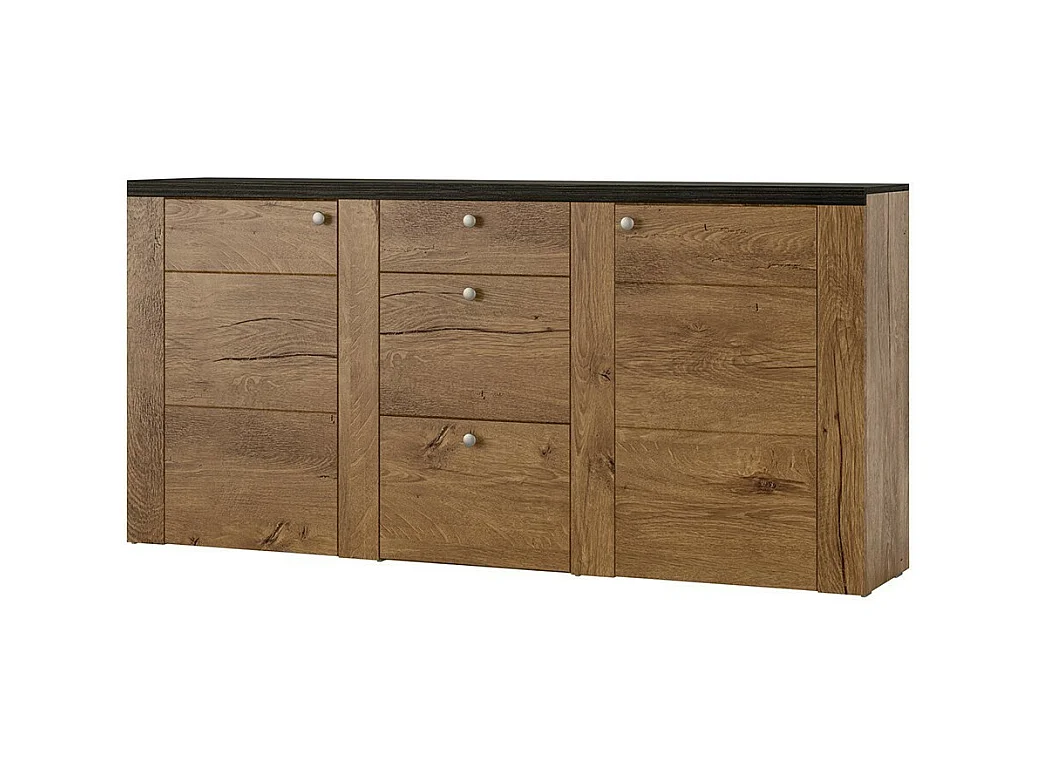 Buffet design 175cm pour salon couleur chêne et noir effet bois collection SANTIAGO.