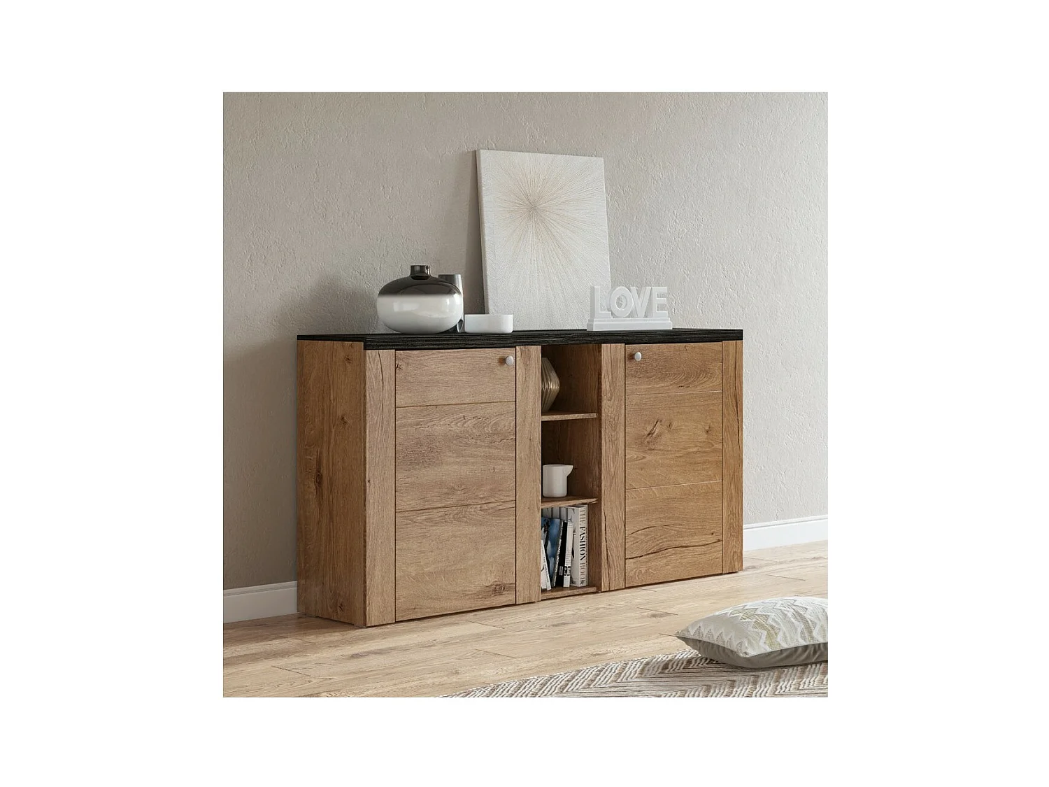 Design-Buffet 155cm für Wohnzimmer in Eichenfarbe und Schwarz mit Holzeffekt, Kollektion SANTIAGO.