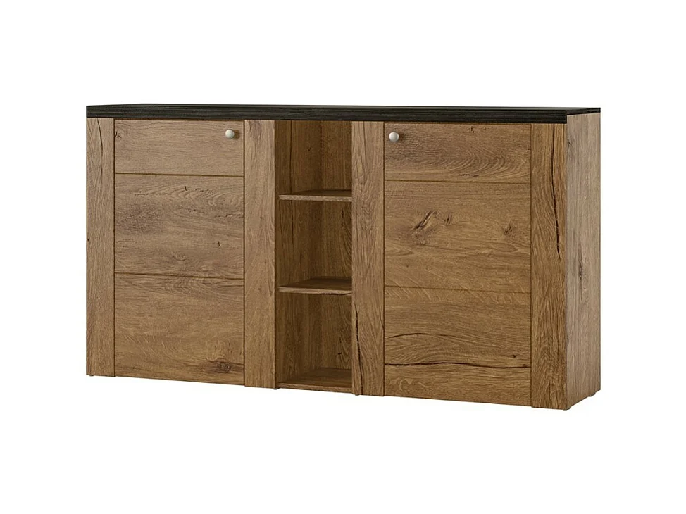 Buffet design 155cm pour salon couleur chêne et noir effet bois collection SANTIAGO.