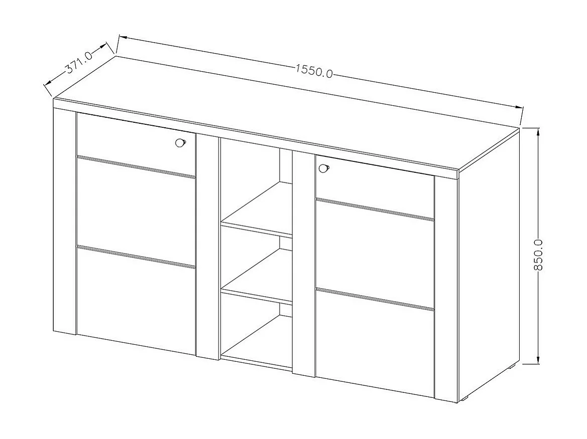 Design buffet 155cm voor woonkamer in eiken en zwart houteffect, collectie SANTIAGO.