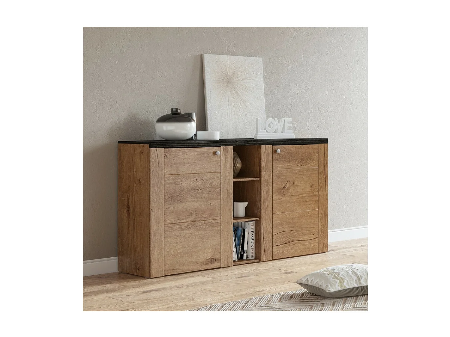 Design buffet 155cm voor woonkamer in eiken en zwart houteffect, collectie SANTIAGO.