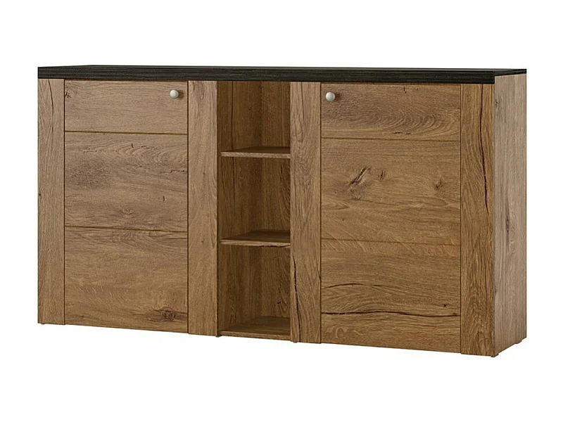 Buffet design 155cm pour salon couleur chêne et noir effet bois collection SANTIAGO.