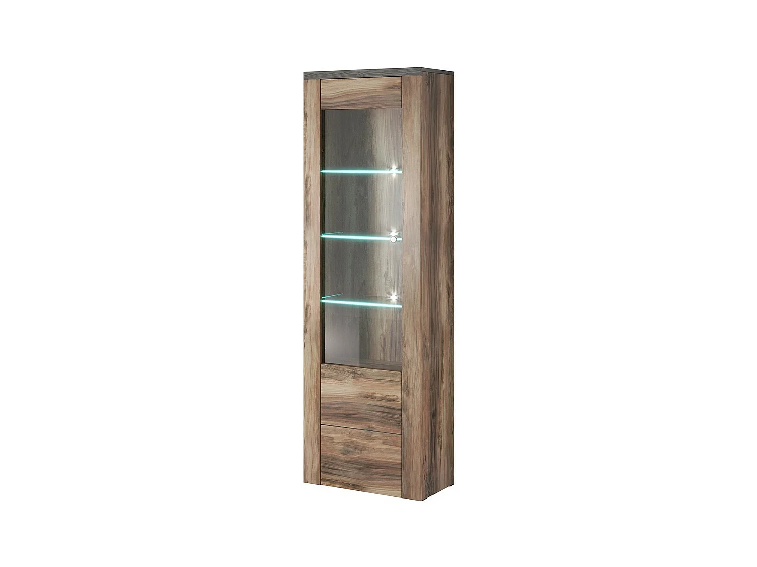 Vitrina alta design 1 porta com iluminação LED coleção SANTIAGO. Cor nogueira e preto efeito madeira.