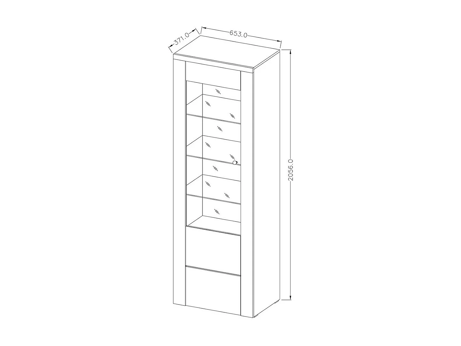 Hoge design vitrinekast met 1 deur en LED-verlichting uit de SANTIAGO collectie. Kleur: walnoot en zwart met houteffect.