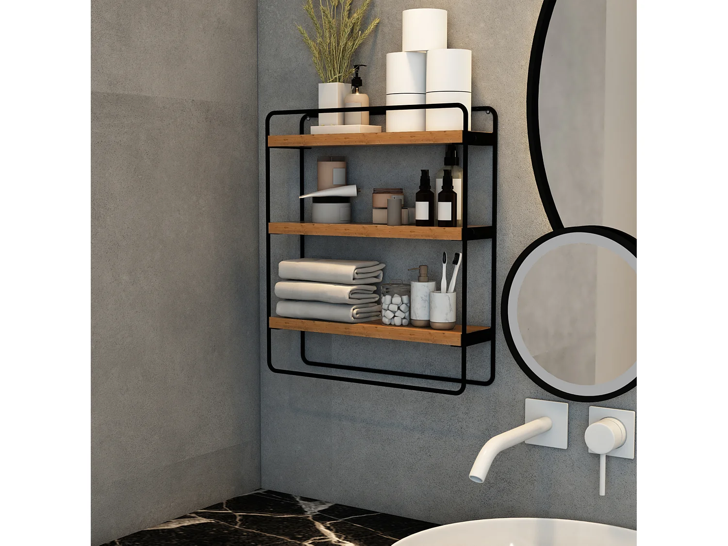 Étagère murale Skovbo à 3 niveaux 43 x 37,5 x 11 cm noir effet bois [en.casa]