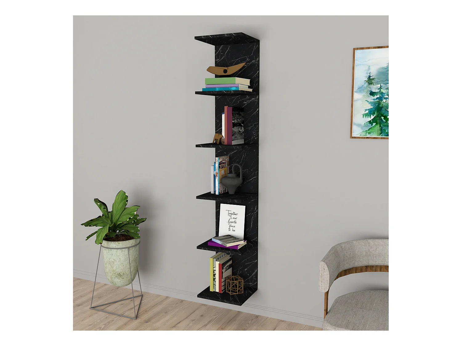 Étagère murale Surahammar à 6 niveaux 180 x 34,5 x 30 cm marbre noir [en.casa]