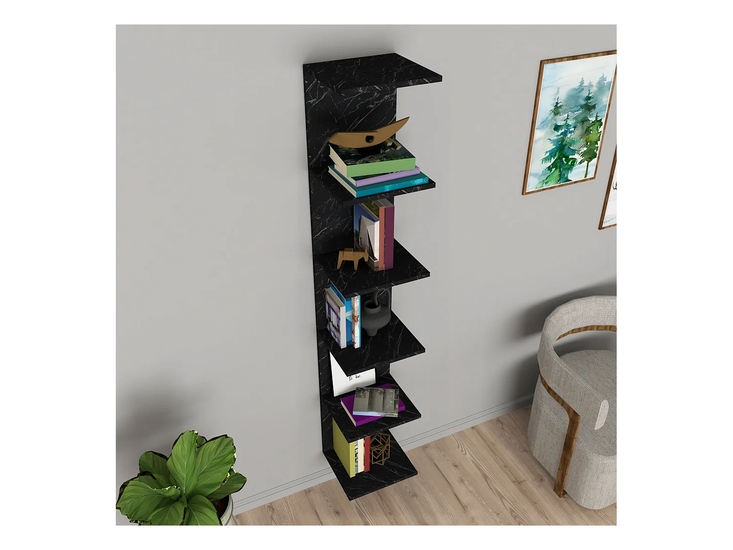 Étagère murale Surahammar à 6 niveaux 180 x 34,5 x 30 cm marbre noir [en.casa]