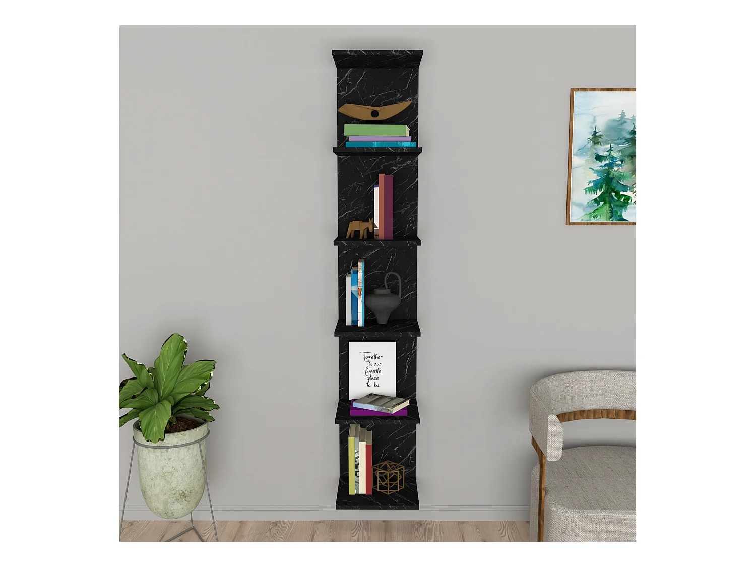 Étagère murale Surahammar à 6 niveaux 180 x 34,5 x 30 cm marbre noir [en.casa]