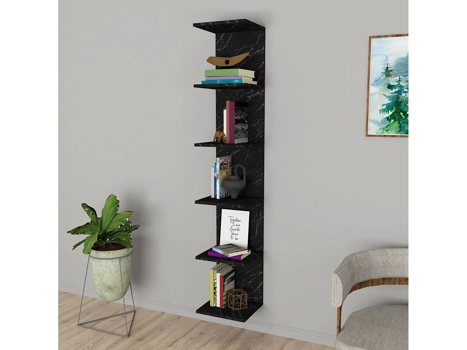 Étagère murale Surahammar à 6 niveaux 180 x 34,5 x 30 cm marbre noir [en.casa]